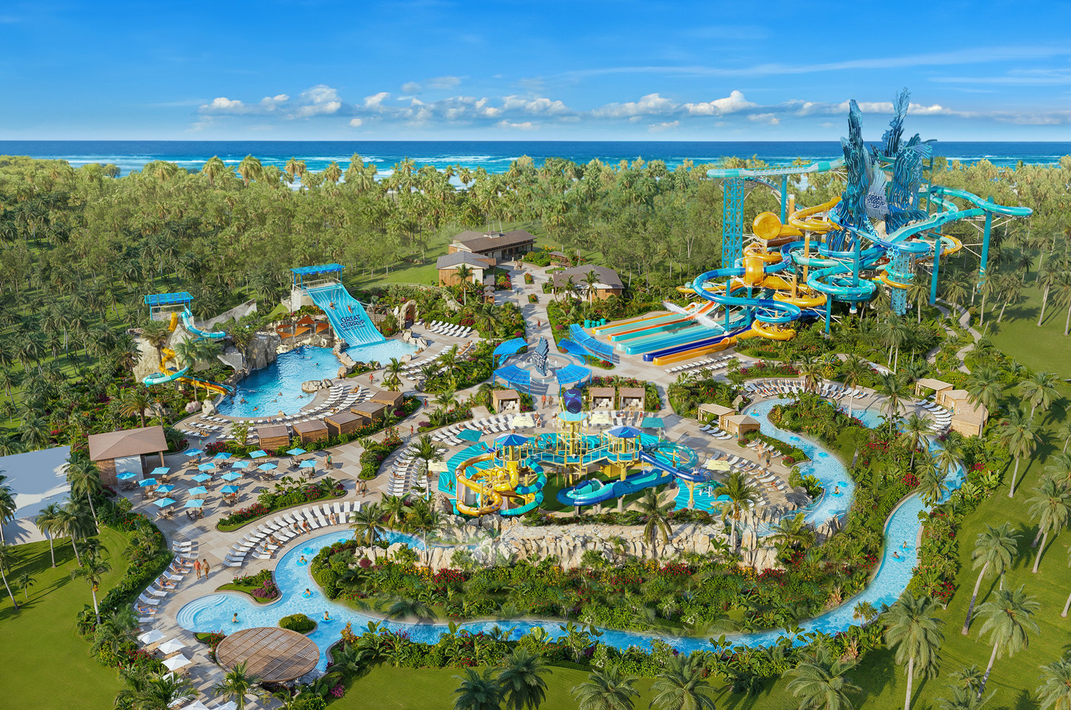 NCL preview rendering of the Great Tides Waterpark at Great Stirrup Cay showing slides, the tidal tower, and pools